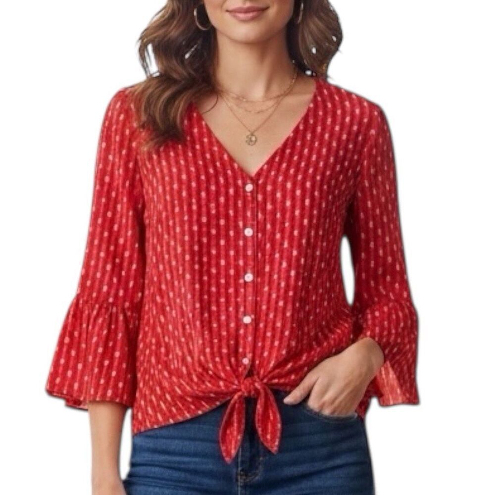 Counterparts Red Blouse Tie Front Bell Sleeves Women's Small